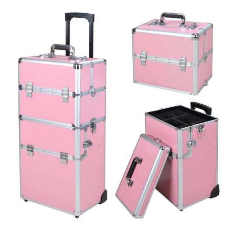 Pink 2 in 1 Aluminium Vanity Makeup Beauty Case for Cosmetics Nail Hairdressing Trolley